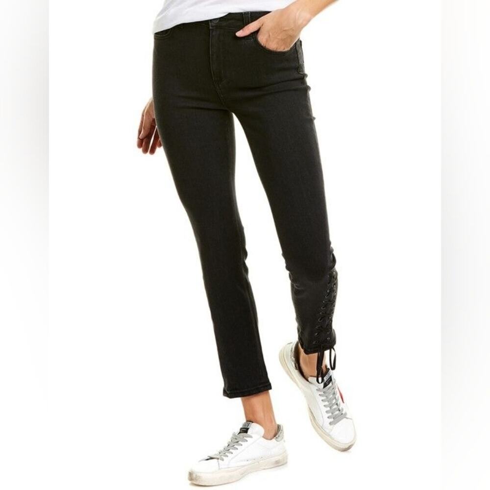 SIWY Jeanette Skinny Straight MidRaise Lace up Jeans in China Girl Black…